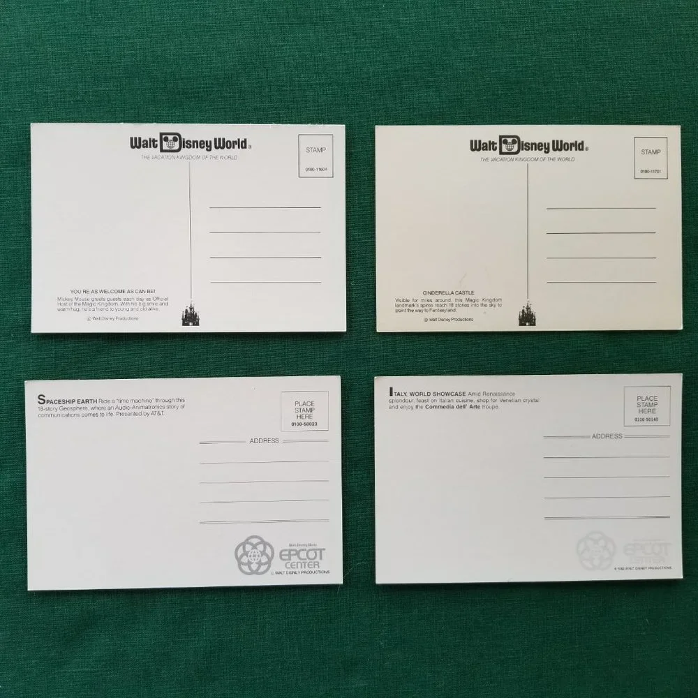 Vintage Lot Of 4 Blank Walt Disney World and EPCOT Postcards
